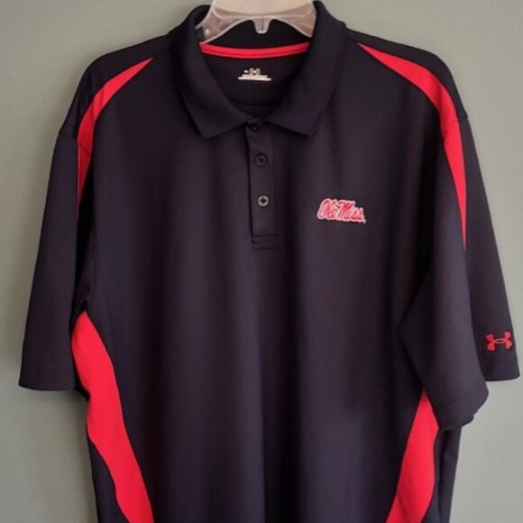 Under Armour Ole Miss Rebels Mens Navy Blue Red Stretch Polo Shirt Logo XL - Picture 1 of 6